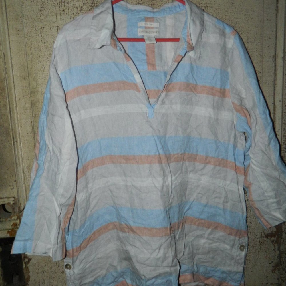 Cynthia Rowley Striped 100% Linen Popover Blouse Size XL (EE-21)